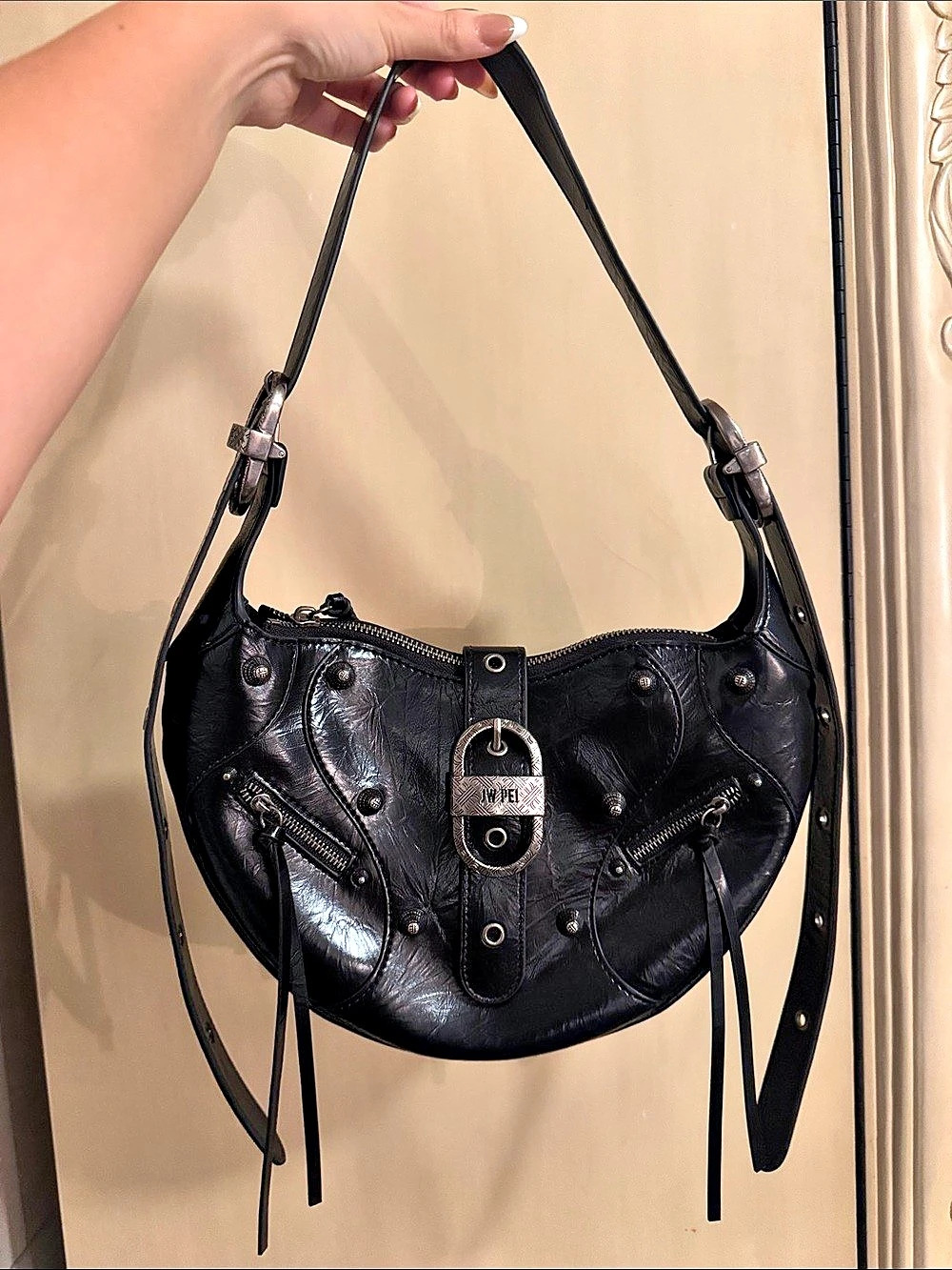 JW PEI Tessa Crushed Shoulder Bag Black Studded